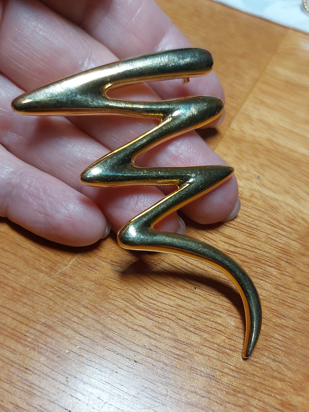 Vintage Goldtone Zig Zag Scribble Brooch 2.75"